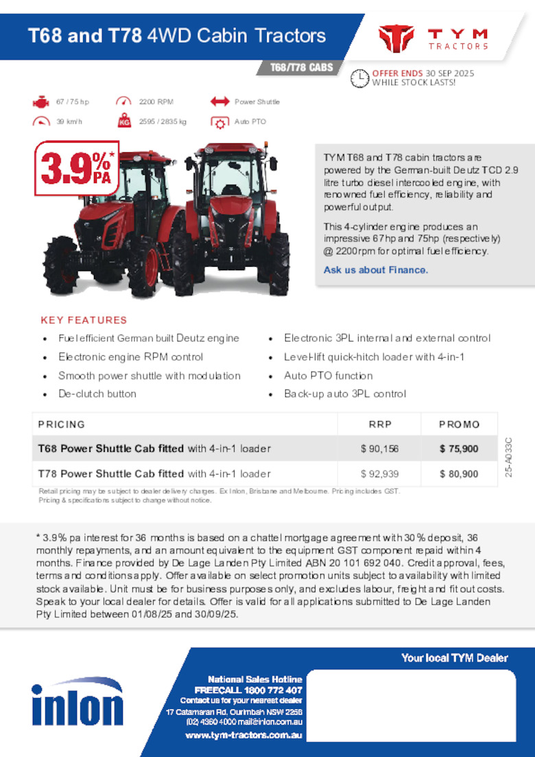25-A033C TYM T68 78 Cabin Tractors oe 30.9